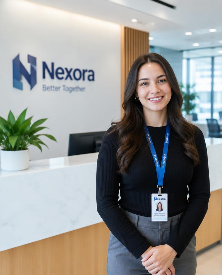 Colaboradora em recepção de empresa usando crachá em cordão